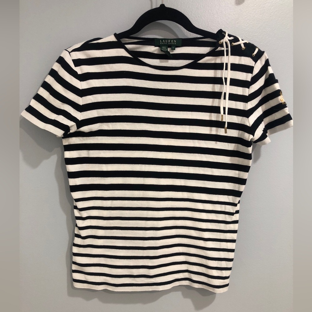 LAUREN RALPH LAUREN Black Striped Top Women’s Small Lace Up Resort Beach Cotton